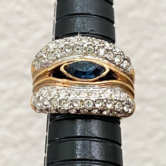 Vintage Blue Sapphire Rhinestone Gold-plated Statement Ring Size 6 - Picture 7 of 15
